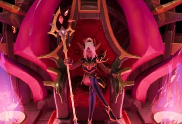 The Dark Elf Thalya sitting on her evil throne in Dungeons 4