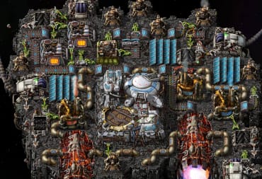 A space-age factory with lots of moving parts out in space in the Factorio expansion Space Age