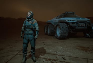 On the surface of Mars, Jack Leary stands next to a rover in Fort Solis 