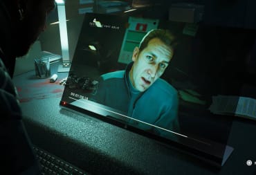 A character talking to another via video link on a futuristic video screen in Fort Solis