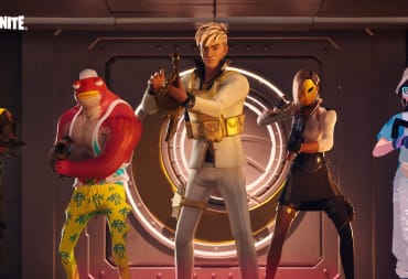 The heist team standing in front of a vault and wielding various weapons in Fortnite Chapter 4 Season 4