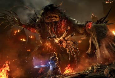 A giant, terrifying monster with multiple arms facing down a player with a glowing sword in Lords of the Fallen