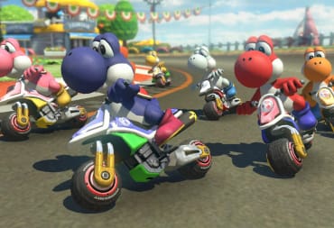 Several different-colored Yoshis racing around a track in Mario Kart 8 Deluxe, which is at number one in the UK boxed sales charts