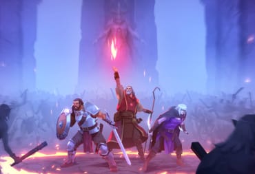 A wizard, a warrior, and a rogue facing off against innumerable enemies in key art for Pathfinder: Gallowspire Survivors