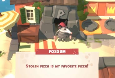 A possum saying "Stolen pizza is my favorite pizza!" in the arcade game Pizza Possum