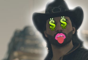 Starfield screenshot of a space cowboy with stock images of dollar signs over his eyes and a cartoon tongue sticking out of his mouth 