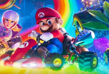 Mario, flanked by Princess Peach, riding a kart along Rainbow Road in a promotional poster for The Super Mario Bros. Movie