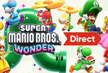 Key art for Super Mario Bros. Wonder, showing Yoshis, Daisy, Luigi, Peach, and Mario, as well as a curved pipe