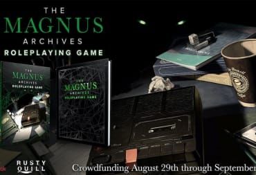 A promo image for The Magnus Archives TTRPG, featuring the rulebook, a tape recorder, a stack of folders, a cup of coffee, and a pair of glowing green eyes.