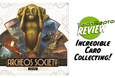 Our header image for our Archeos Society Review, featuring the box of the game and the text "incredible card collecting"