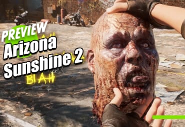 The player character holds up a zombie head and makes it "talk" in Arizona Sunshine 2