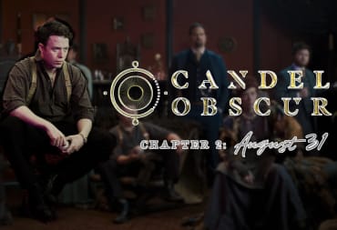 Brennan Lee Mulligan dressed as Sean Finnerty next to the Candela Obscura logo against a blurry image of the Candela Obscura Chapter 2 cast