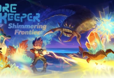 Key art for the Core Keeper Shimmering Frontier update, depicting a character firing a laser while monsters gather around him