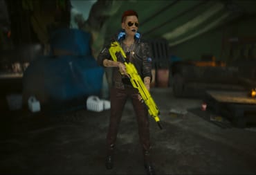 A screenshot of V, standing in a camp wielding the Carmen Assault Rifle from Cyberpunk 2077 Phantom Liberty