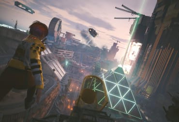 The main character, V, jumps from a great height, with Dogtown’s pyramid building seen in the distance.