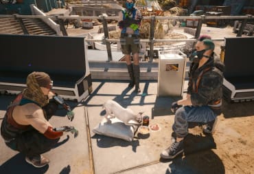 Cyberpunk 2077 with several thugs feeding a cat who's physics can't quite get into the bowl