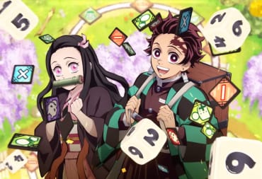 Tanjiro and Nezuko against a bright backdrop with lots of tumbling dice in the new Demon Slayer Mario Party-style game coming next year
