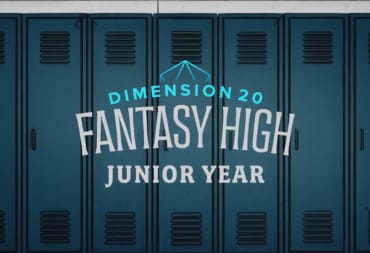 The logo for Dimension 20 Fantasy High Junior Year, placed in front of a row of lockers.