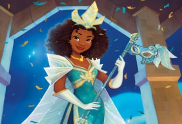 Artwork of Princess Tiana from the Disney Lorcana Rise of the Floodborn set. She is wearing a light blue dress and holding a theater mask in her left hand.