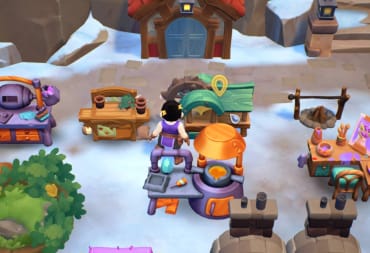 Fae Farm Crafting and Unlocks Guide - Cover Image Standing in Front of a Running Lumber Station on the Farm During Winter