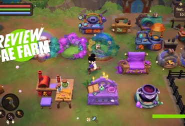 Fae Farm Review - Cover Image Player Character Running Across a Late-Game Farm
