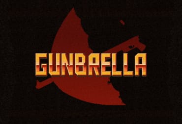 The logo for Gunbrella, the gunbrella in red silhouette is seen behind.