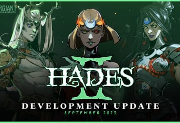The logo for Hades II in green text, three of the main characters are seen i nthe background including a darkskinned man, the female protagonist, and a muscular woman with a ponytail.