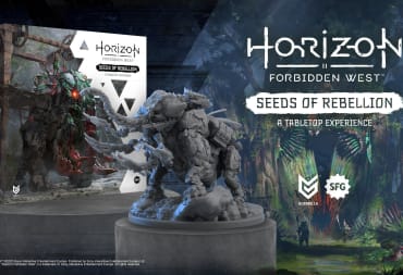 A display box and machine miniature from the Horizon Forbidden West: Seeds of Rebellion board game.