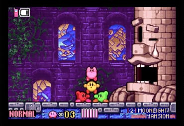 Four Kirbys posing next to a defeated tree boss in Kirby & the Amazing Mirror, the new Nintendo Switch Online game