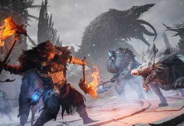 The player wielding two flaming axes and fighting off a wolf-like monster and his handler while a massive monster roars in the background in Lords of the Fallen