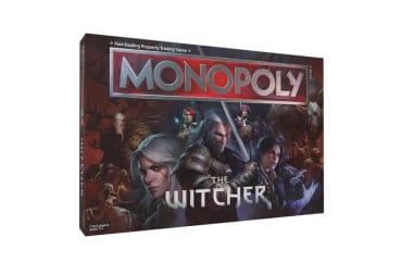 Box art of Monopoly: The Witcher, featuring Geralt, Yennefer, Siri, Dandelion, and several monsters.