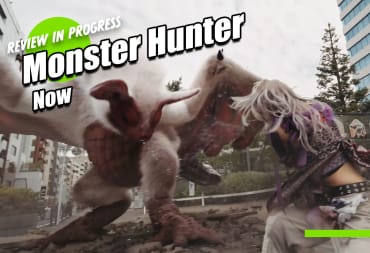 A person cosplaying as a hunter attacks a CGI Paolumu in a Monster Hunter Now trailer.