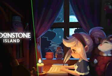 Moonstone Island Key Art showing a white-haired girl sat at a writing desk late at night with a banner on the left side containing the logo. 