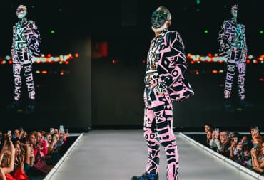 A model showing off Payday 3-inspired fashions on the catwalk at New York Fashion Week