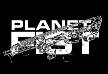 The logo for Planet Fist , the logo in white text with an assault rifle visible against a black background.