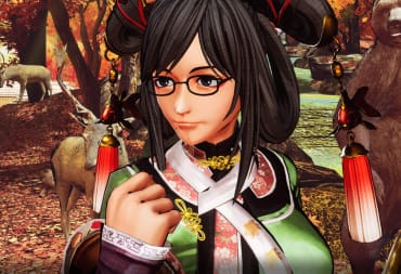 The Samurai Shodown character Wu Ruixiang in closeup with a bear behind her