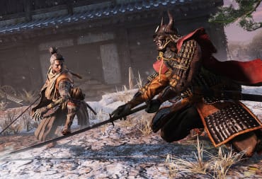 Wolf facing off against an enemy in a snowy village environment in Sekiro: Shadows Die Twice