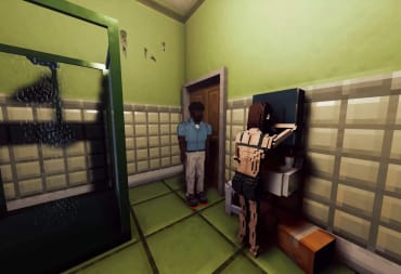 Two blocky voxel people in a bathroom in the new Shadows of Doubt Cheats and Liars update