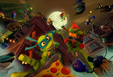Concept art for the new Teenage Mutant Ninja Turtles: Mutant Mayhem game, depicting the Turtles and several of their adversaries falling through a city at night