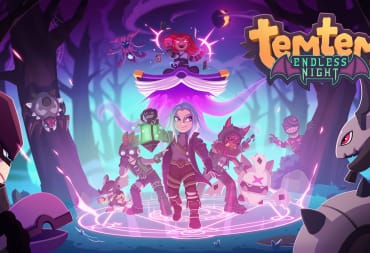 Artwork for Temtem update 1.5, which depicts characters walking through a spooky forest with creepy Temtems watching them