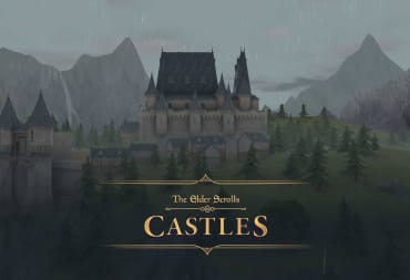 Title screen of Elder Scrolls Castles which shows a medieval castle on a rainy day in front of mountains and the text The Elder Scrolls Castles over a forested field in the front