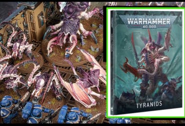 An image of the Tyranids 10th Edition Codex featuring the book overlayed atop an image of Tyranids going to war.