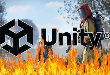Unity Logo above flames as characters from Rust look at attacking it
