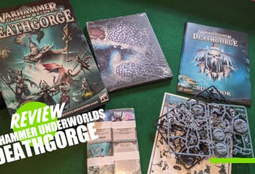 The contents of the Warhammer Underworlds Deathgorge box with the TR Review Overlay
