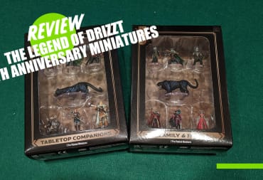 The two boxes containing the Wizkids The Legend of Drizzt 35th Anniversary miniatures next to each other with the TR Review Overlay