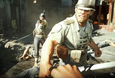 Two guards apprehending the player in Dishonored 2, meant to represent the Xbox leak that includes a mid-generation Series X refresh, Dishonored 3, and more