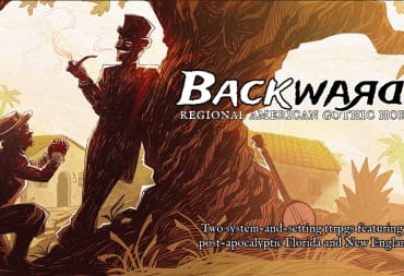Promotional artwork for the Backwards RPG, featuring a malicious figure in silhouette with a top hat leaning against a tree.