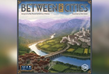 Between Two Cities Cover Art showing a painting of a rural area with two cities connected by a bridge 