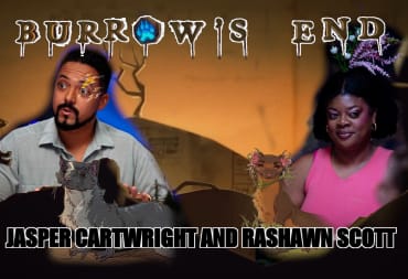 Rashawn and Jasper with their Stoats with the logo of Dimension 20 Burrow's End