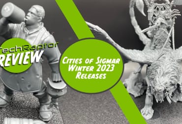 The header image of our Cities of Sigmar Winter 2023 Release Review depicting a man drinking from a bottle and a manticore
